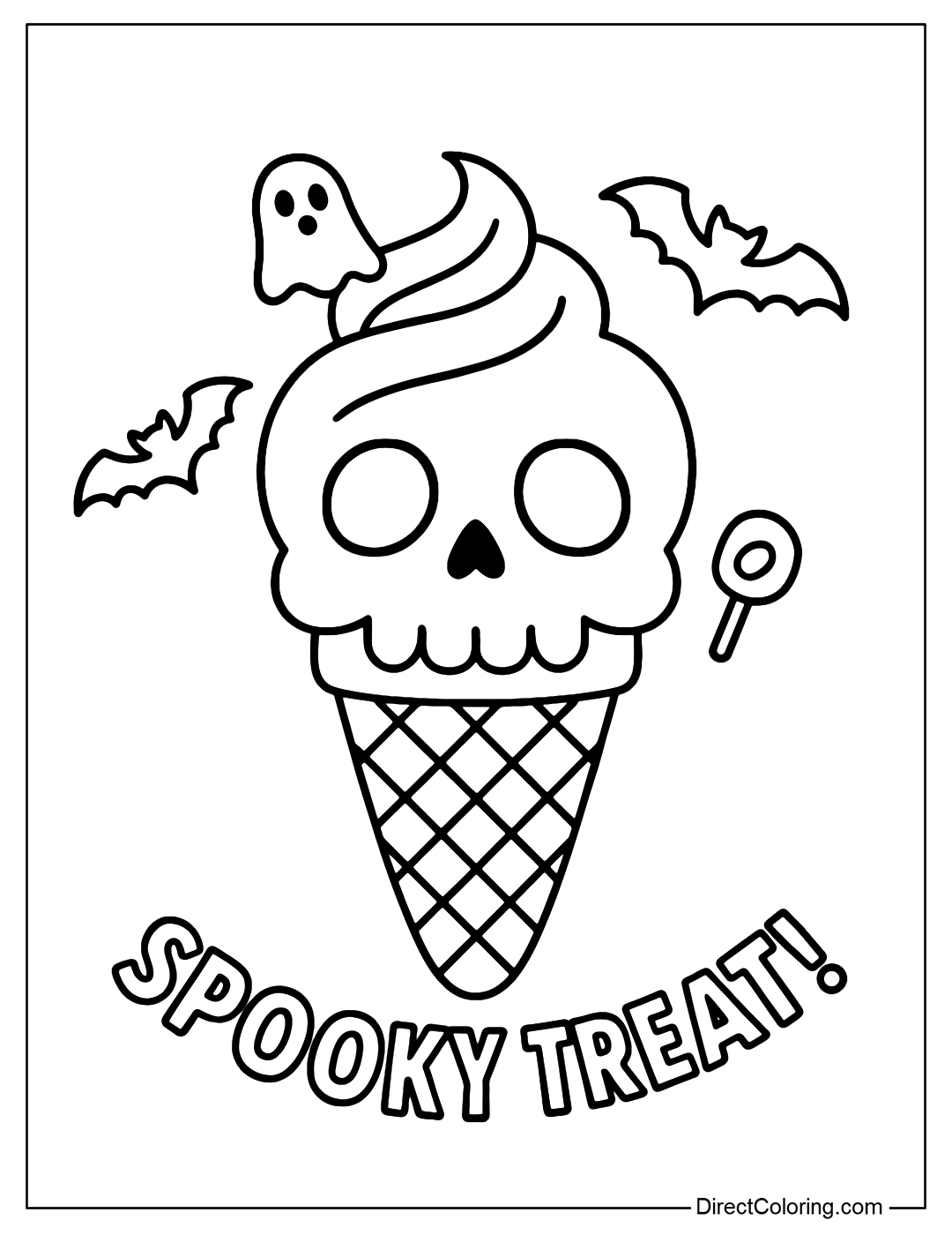 Skull ice cream coloring page, ghost candy topping, bats flying around.